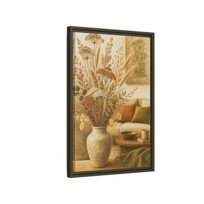 Side Mockup 2. Living Room Dried Bouquet shown as framed canvas print