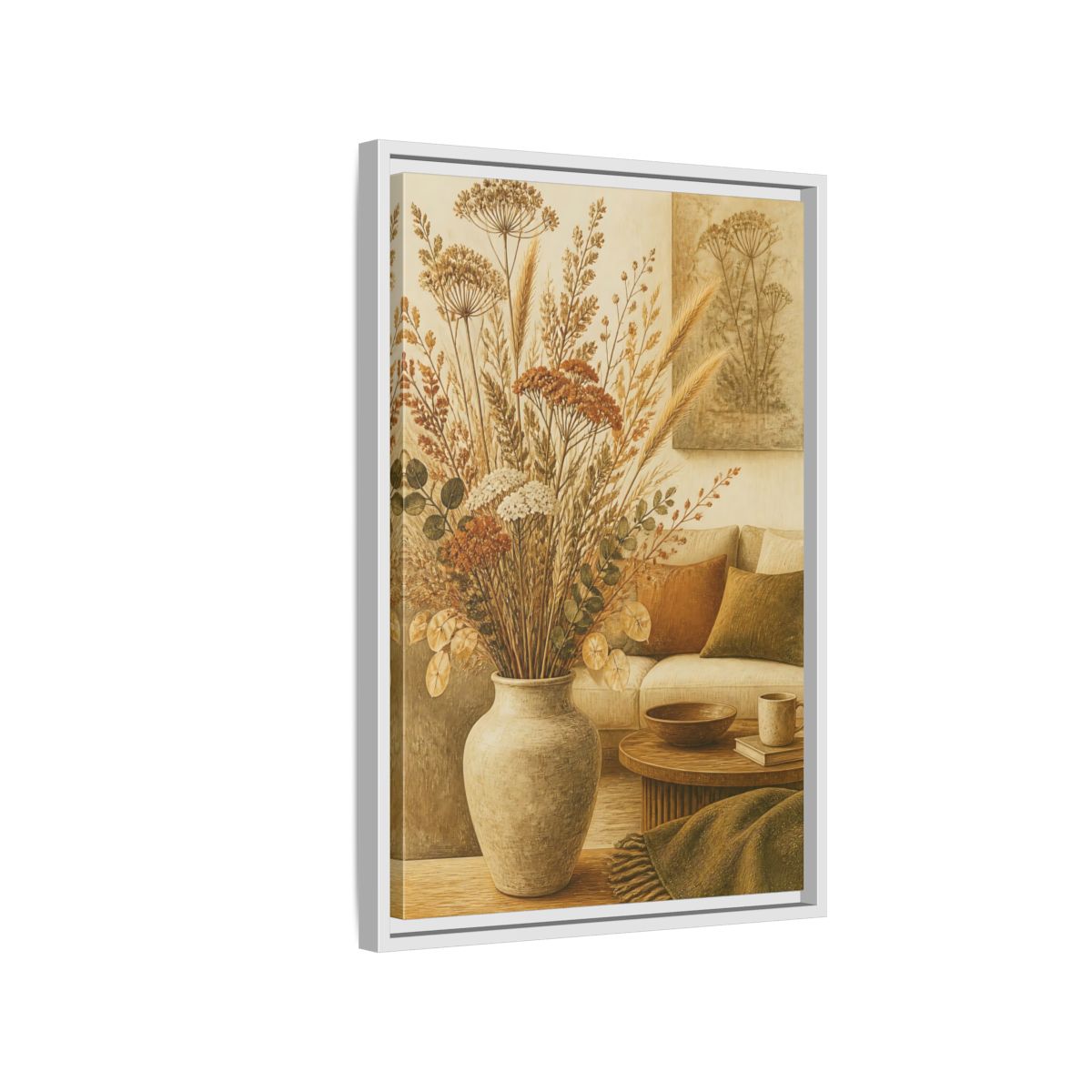 Side Mockup 1. Living Room Dried Bouquet shown as framed canvas print