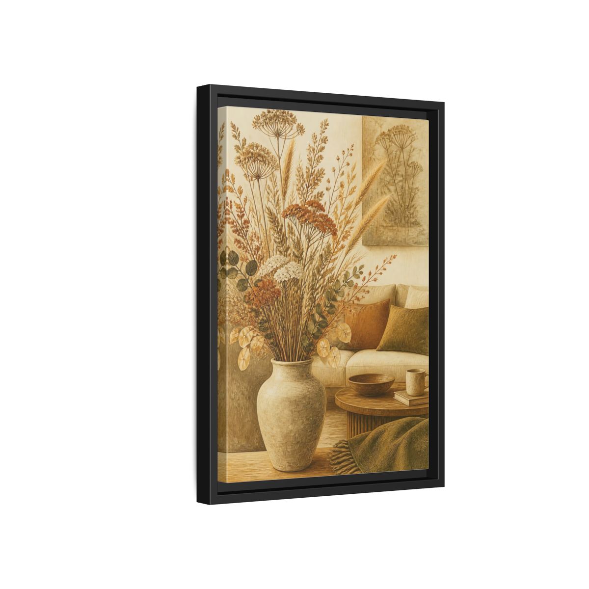 Side Mockup 6. Living Room Dried Bouquet shown as framed canvas print