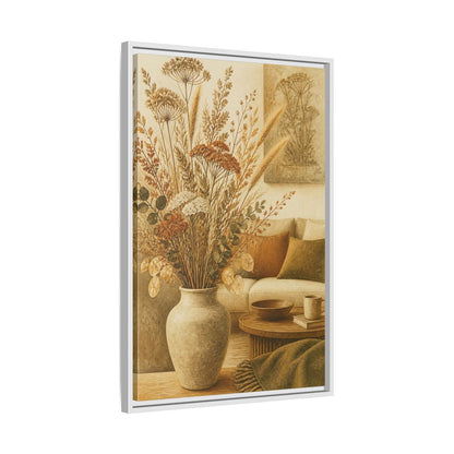 Side Mockup 10. Living Room Dried Bouquet shown as framed canvas print