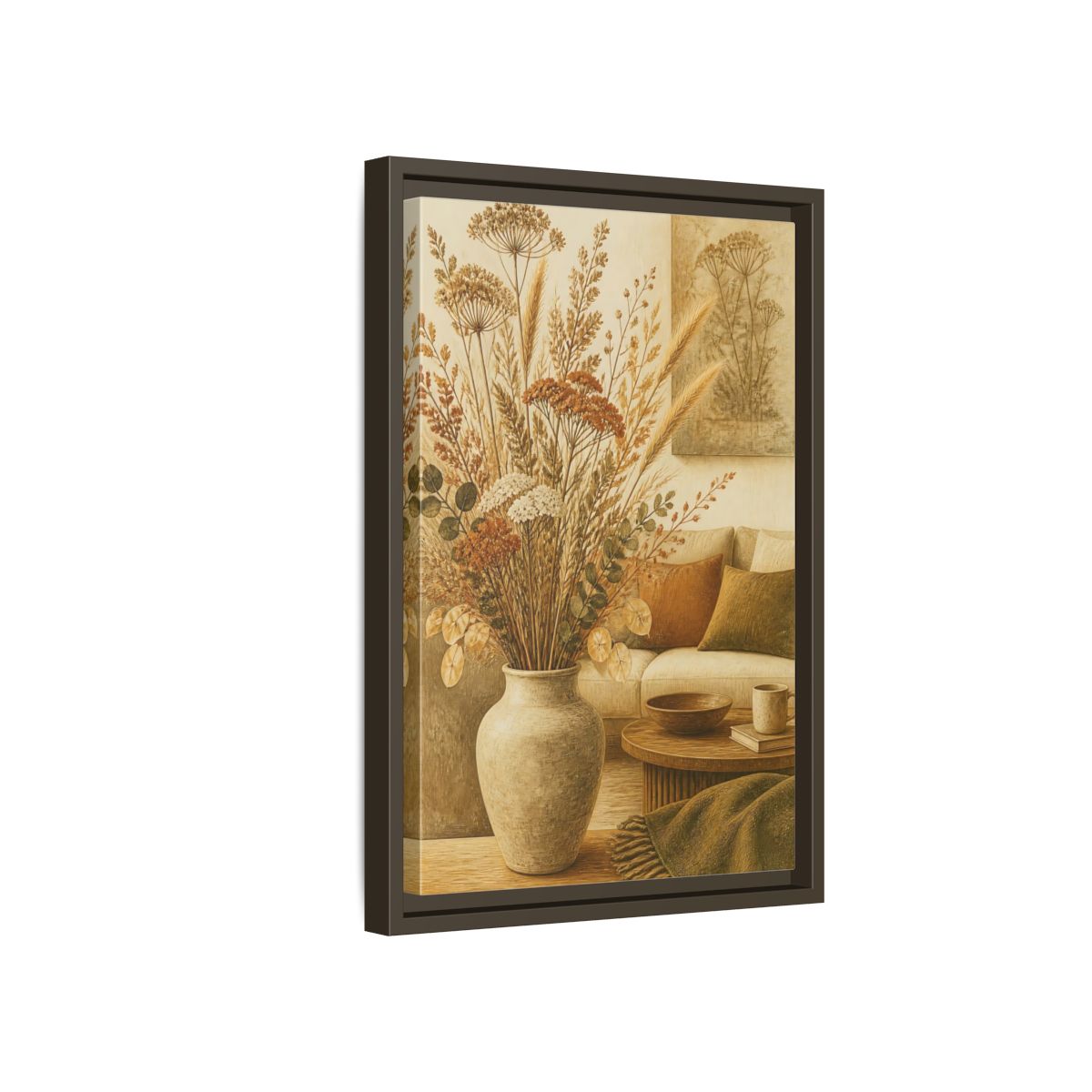 Side Mockup 5. Living Room Dried Bouquet shown as framed canvas print