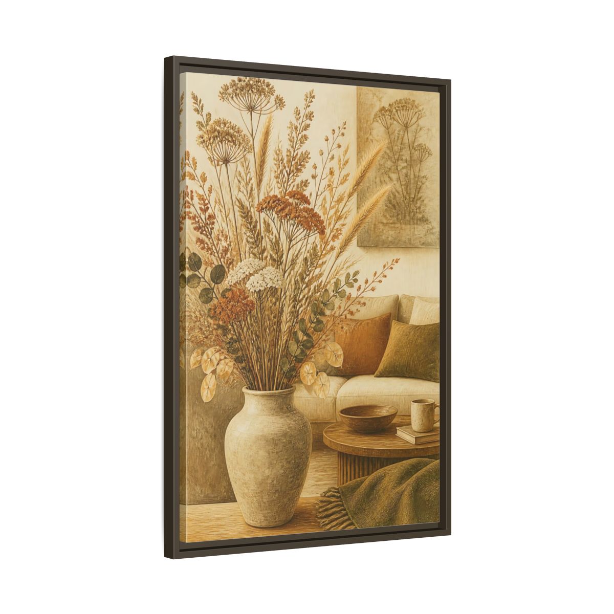Side Mockup 11. Living Room Dried Bouquet shown as framed canvas print
