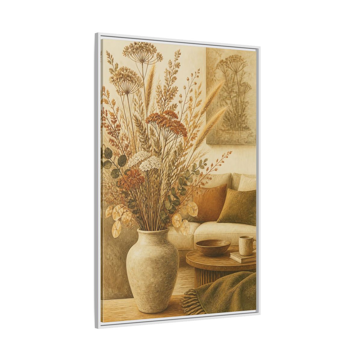 Side Mockup 7. Living Room Dried Bouquet shown as framed canvas print