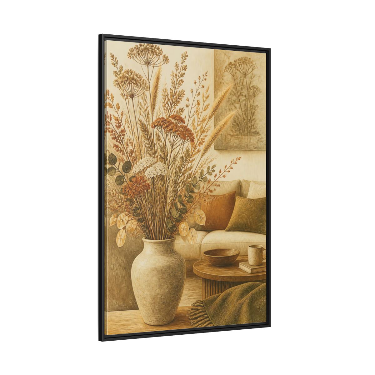 Side Mockup 12. Living Room Dried Bouquet shown as framed canvas print