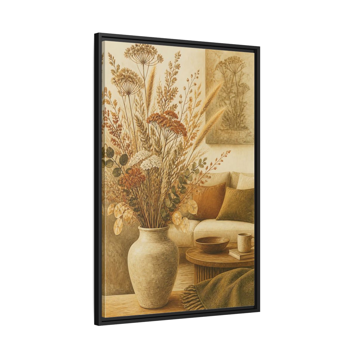 Side Mockup 13. Living Room Dried Bouquet shown as framed canvas print
