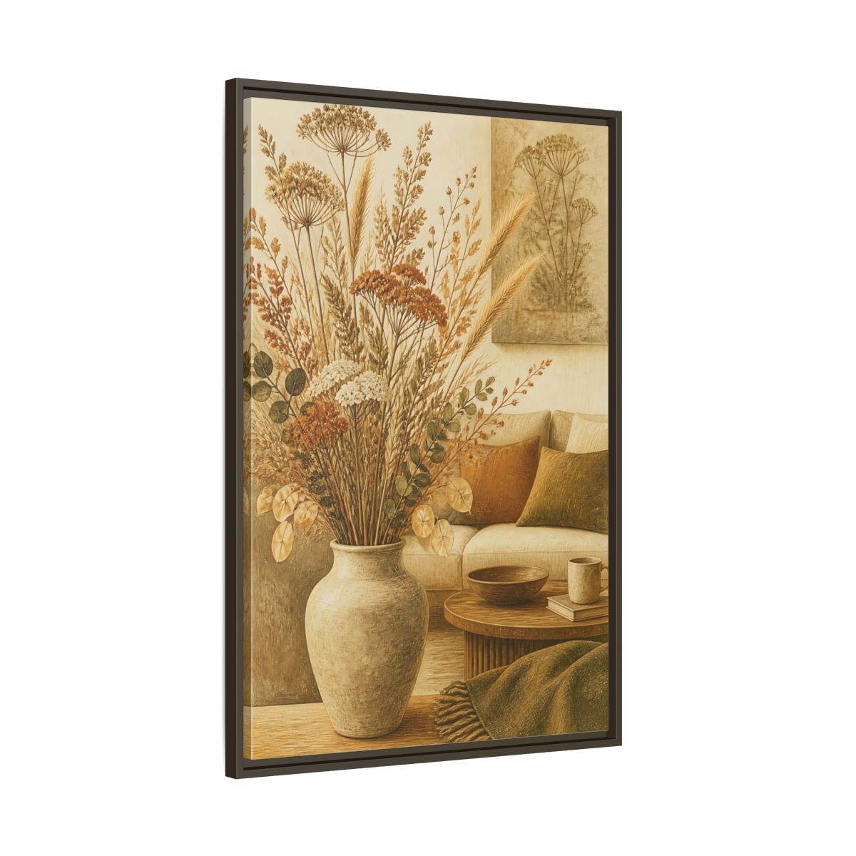 Main Mockup. Living Room Dried Bouquet shown as framed canvas print