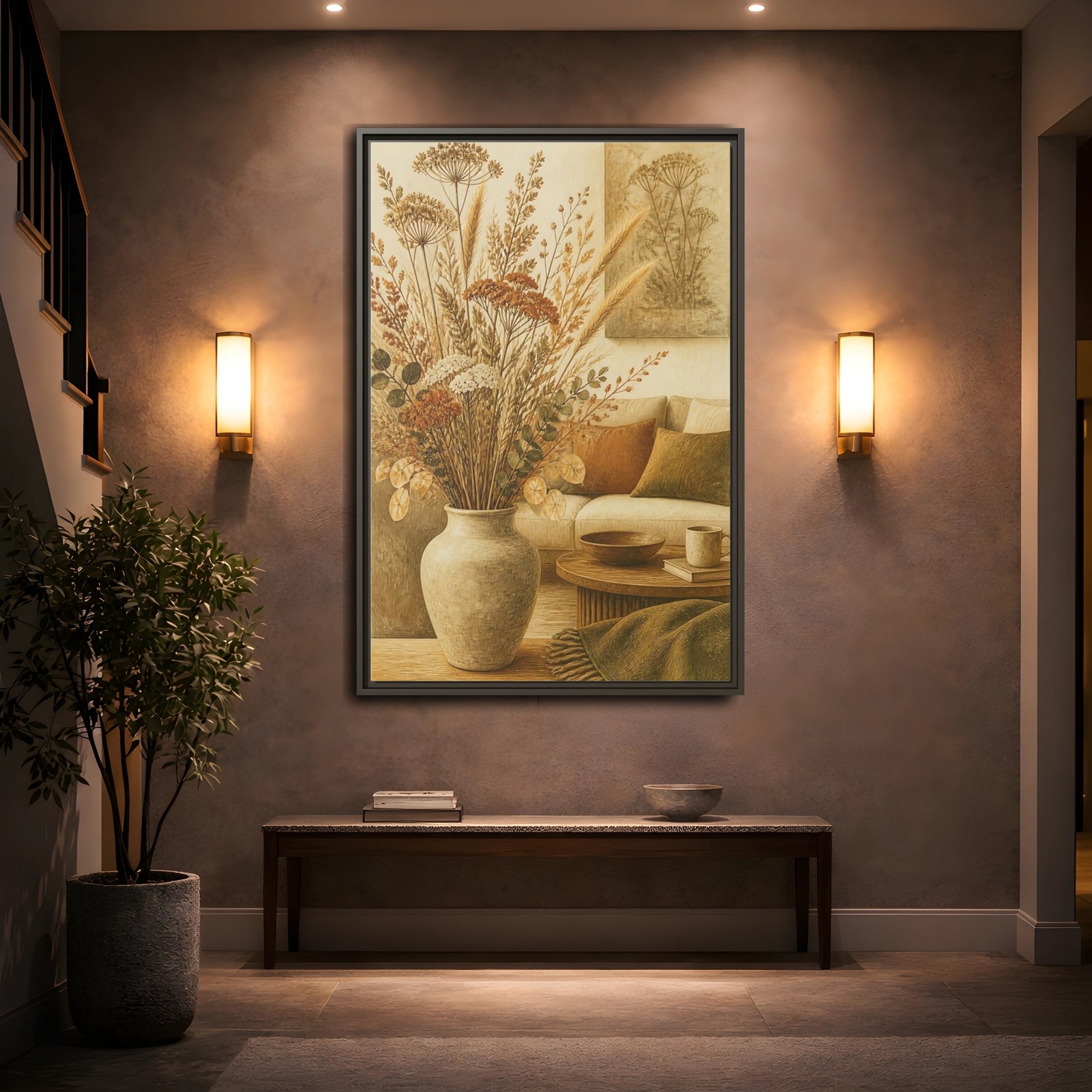 Mockup 2. Living Room Dried Bouquet shown as framed canvas print