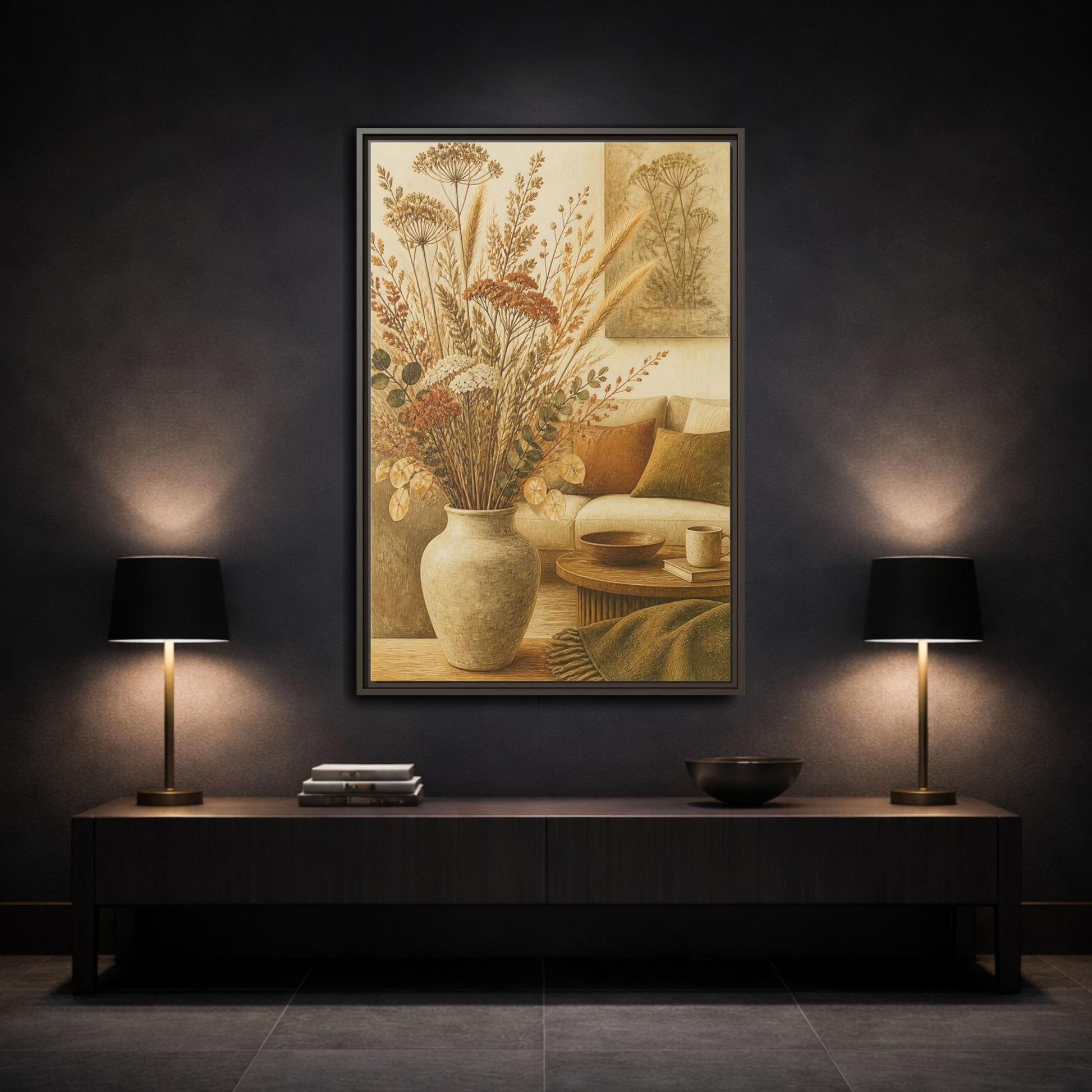 Mockup 3. Living Room Dried Bouquet shown as framed canvas print