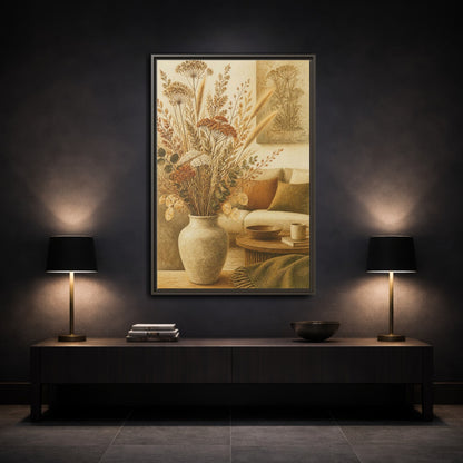 Mockup 3. Living Room Dried Bouquet shown as framed canvas print