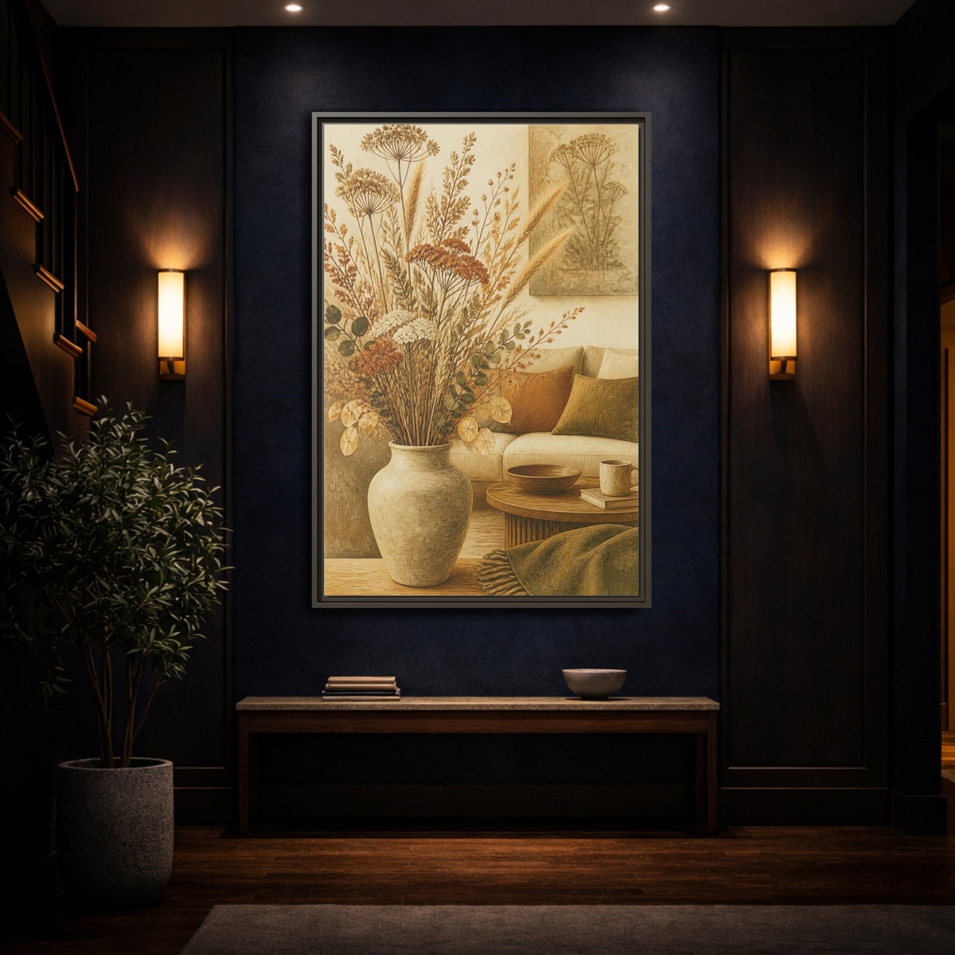 Mockup 4. Living Room Dried Bouquet shown as framed canvas print
