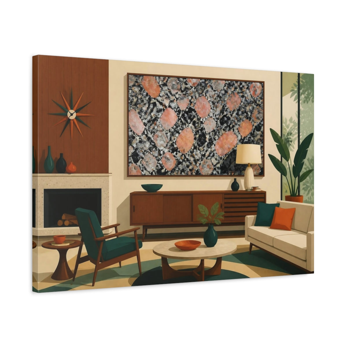 Side Mockup 2. Living Room Granite Art shown as canvas print