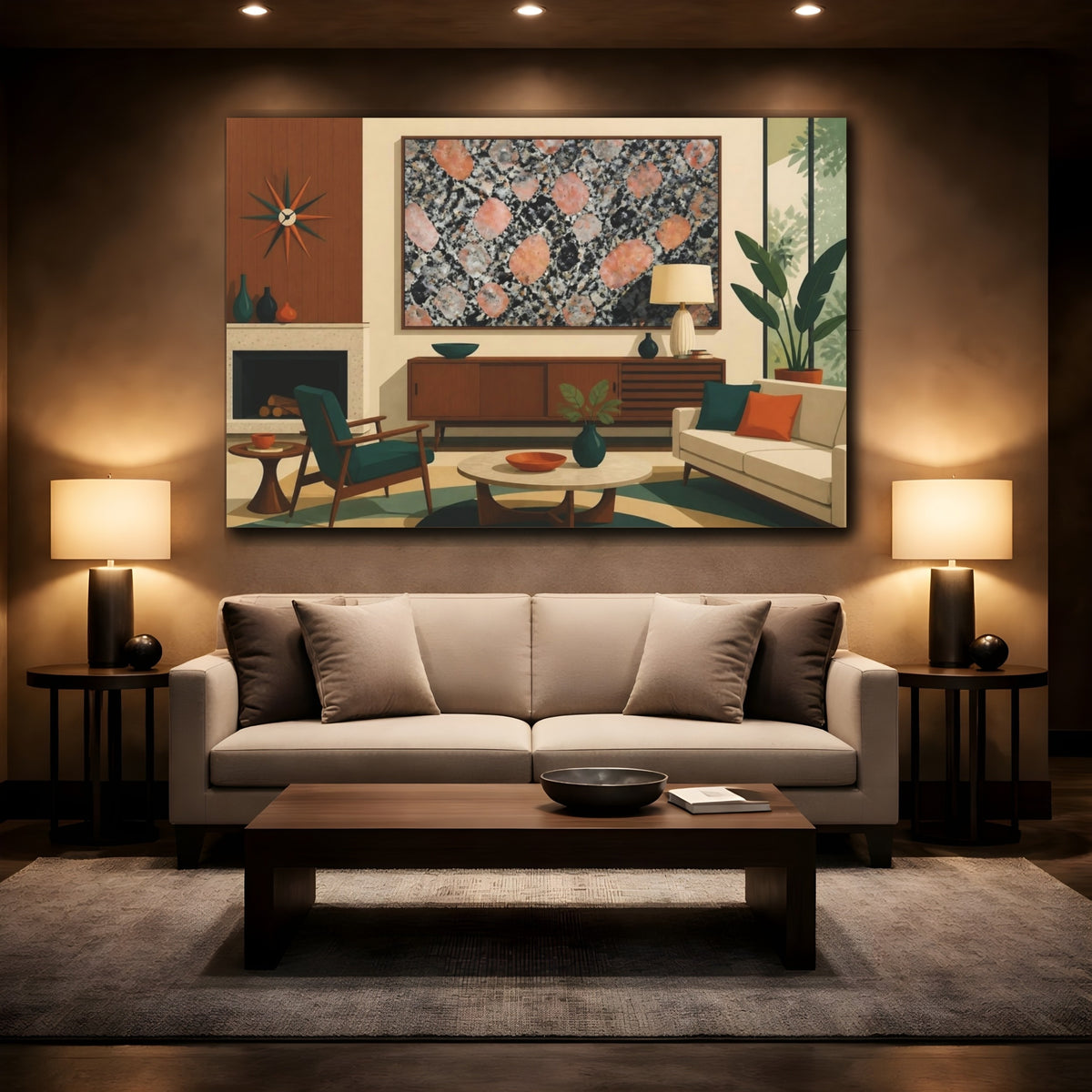 Mockup 2. Living Room Granite Art shown as canvas print