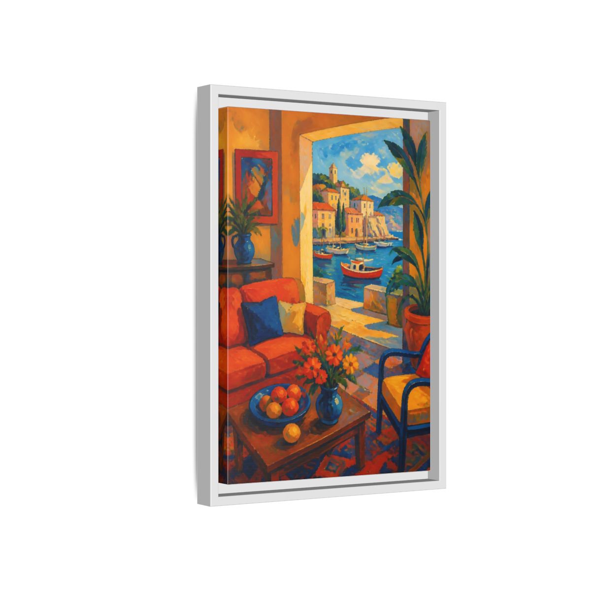 Side Mockup 4. Living Room Harbor View shown as framed canvas print