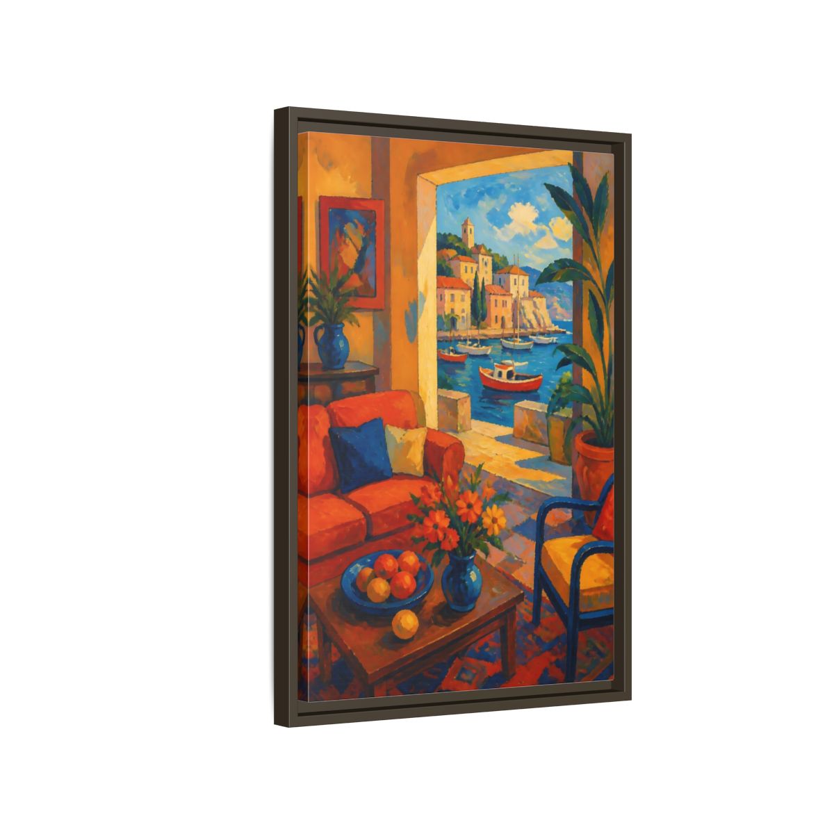 Side Mockup 2. Living Room Harbor View shown as framed canvas print