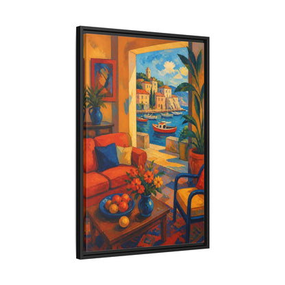 Side Mockup 14. Living Room Harbor View shown as framed canvas print