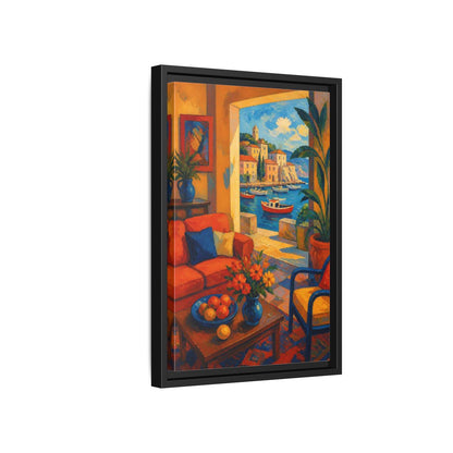 Side Mockup 6. Living Room Harbor View shown as framed canvas print