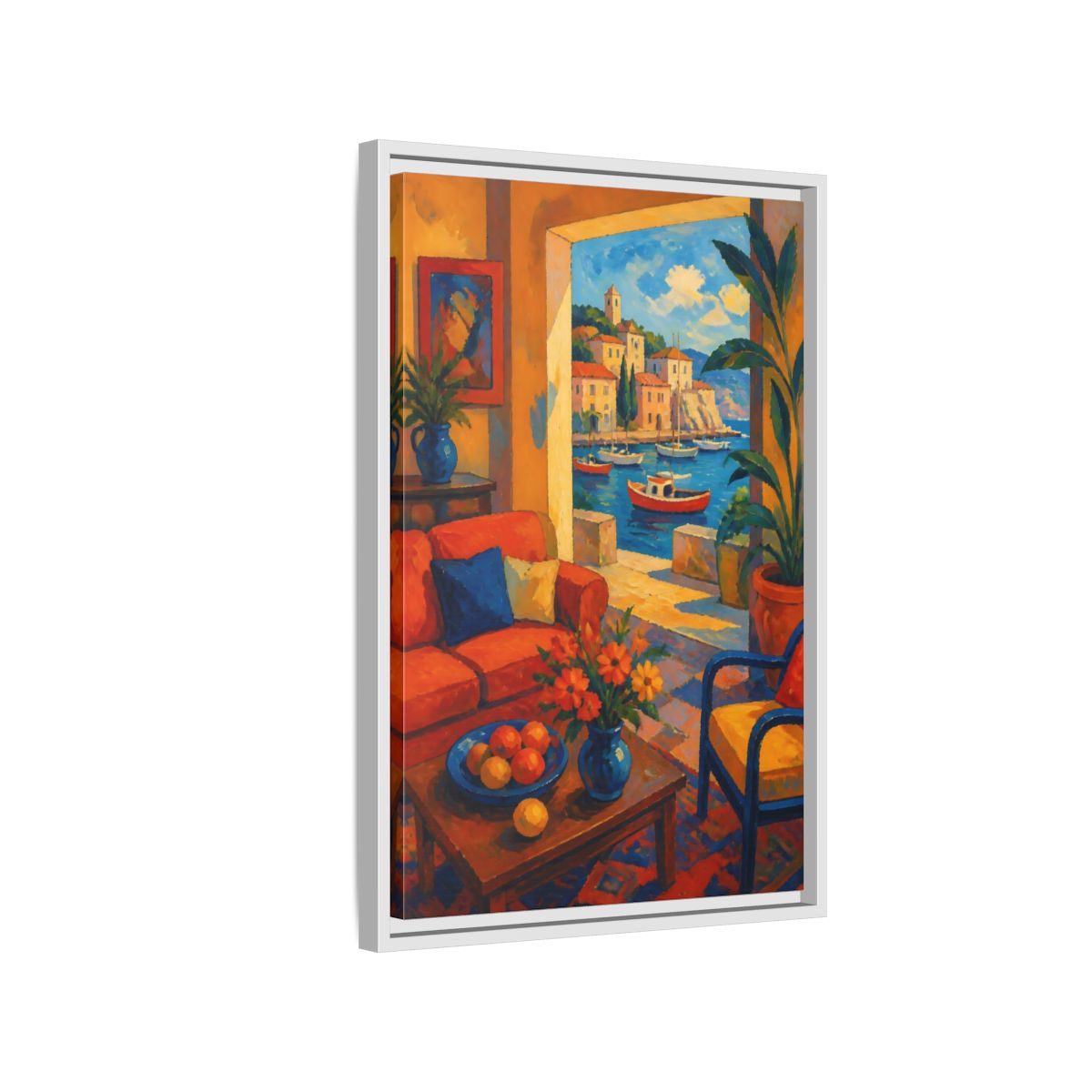 Side Mockup 1. Living Room Harbor View shown as framed canvas print