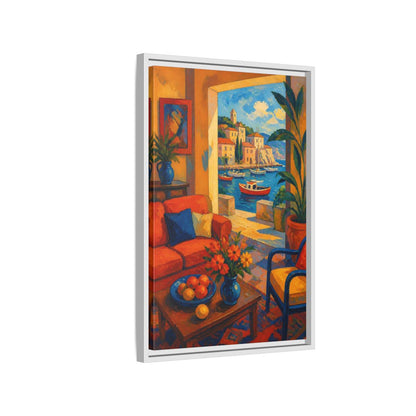 Side Mockup 1. Living Room Harbor View shown as framed canvas print