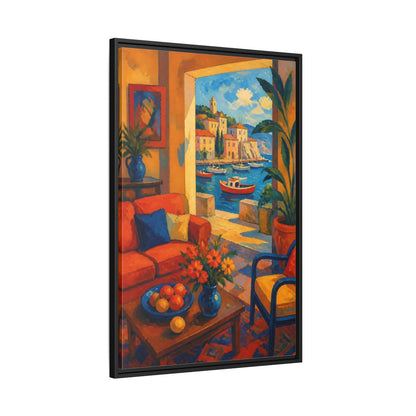 Side Mockup 13. Living Room Harbor View shown as framed canvas print