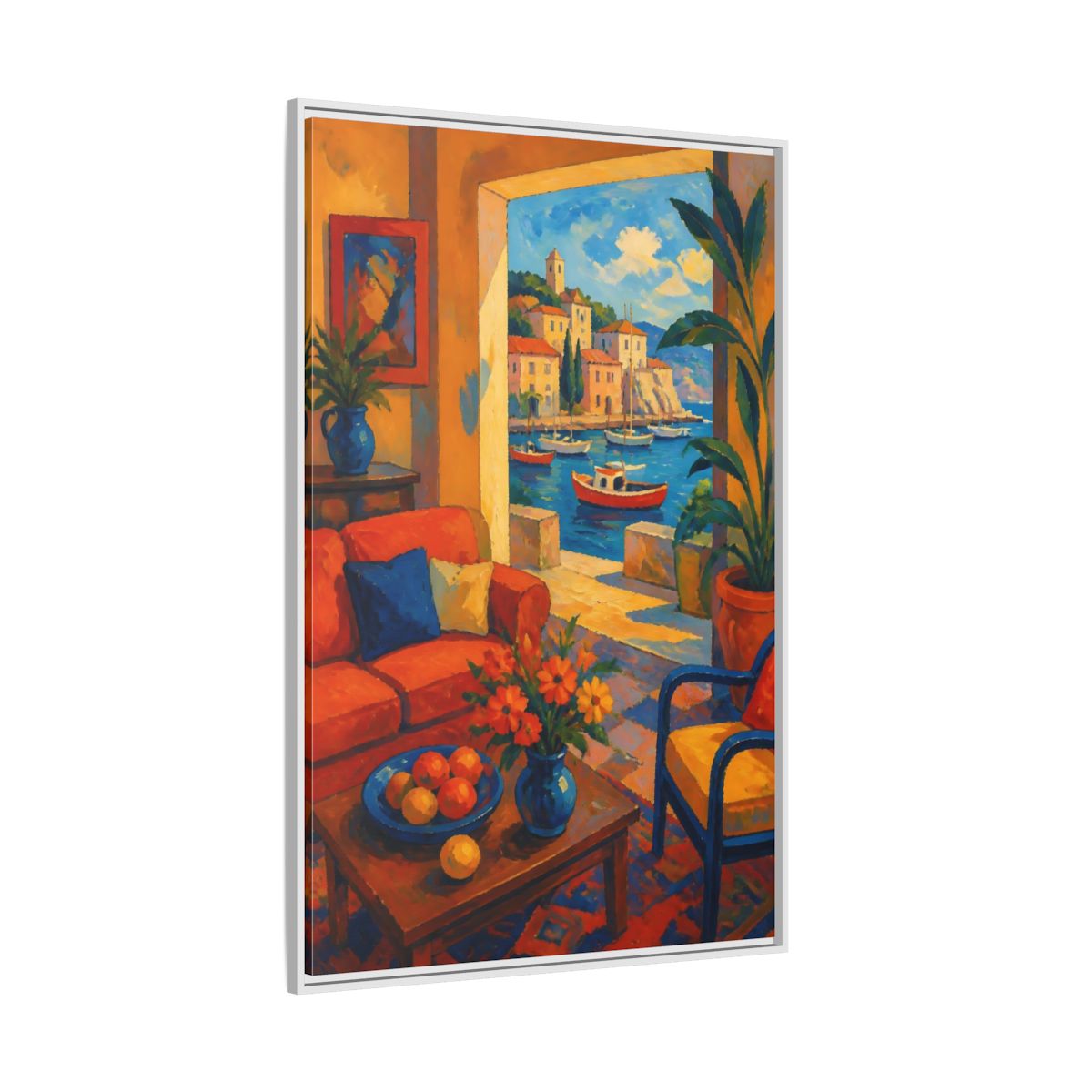 Side Mockup 7. Living Room Harbor View shown as framed canvas print