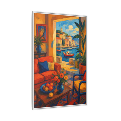 Side Mockup 7. Living Room Harbor View shown as framed canvas print