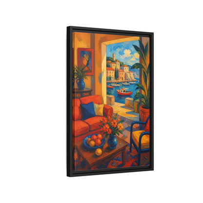 Side Mockup 3. Living Room Harbor View shown as framed canvas print