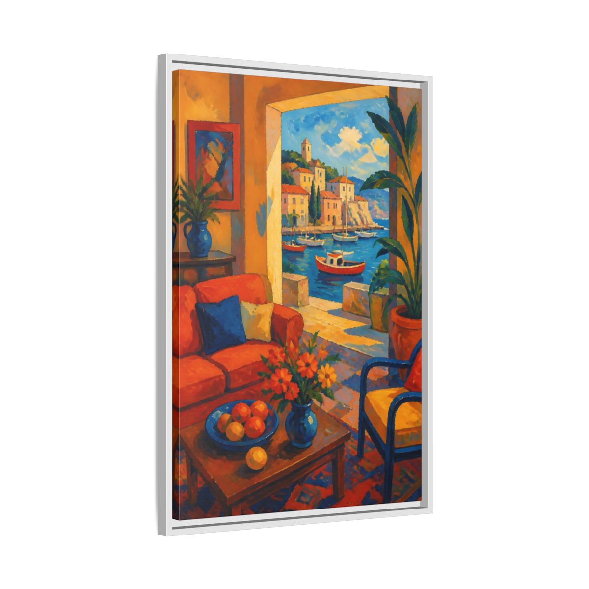 Side Mockup 10. Living Room Harbor View shown as framed canvas print