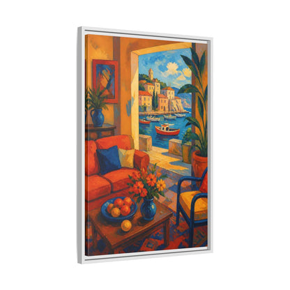 Side Mockup 10. Living Room Harbor View shown as framed canvas print