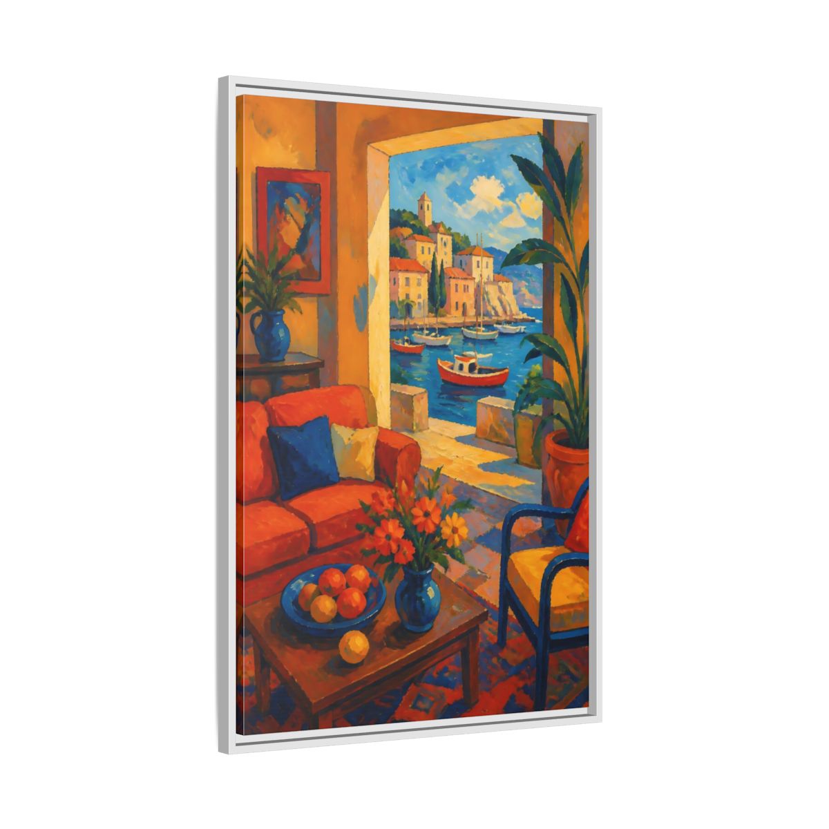 Side Mockup 9. Living Room Harbor View shown as framed canvas print