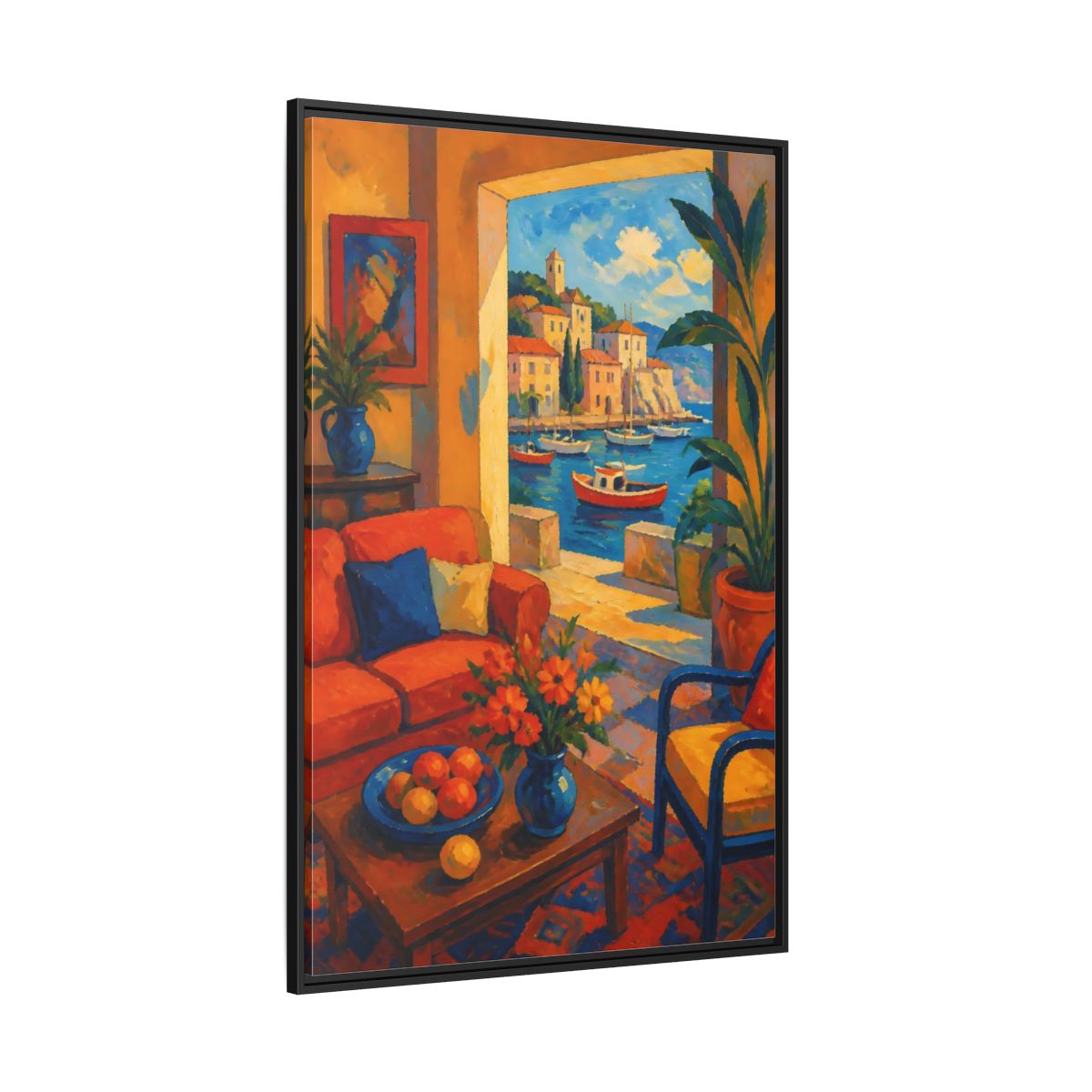 Side Mockup 12. Living Room Harbor View shown as framed canvas print