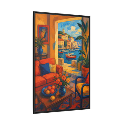 Side Mockup 12. Living Room Harbor View shown as framed canvas print