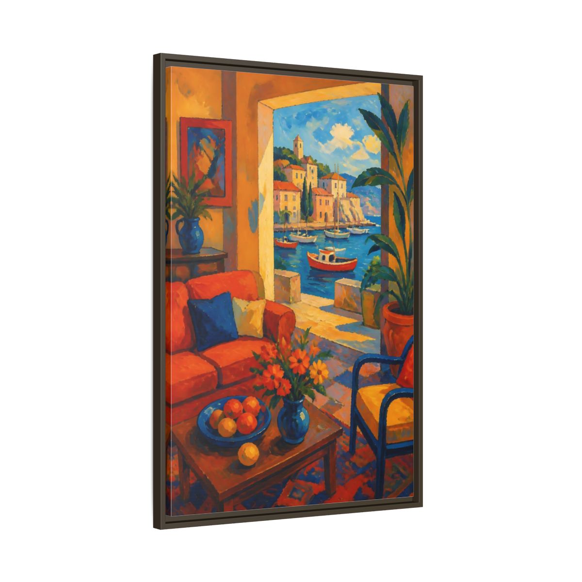 Main Mockup. Living Room Harbor View shown as framed canvas print