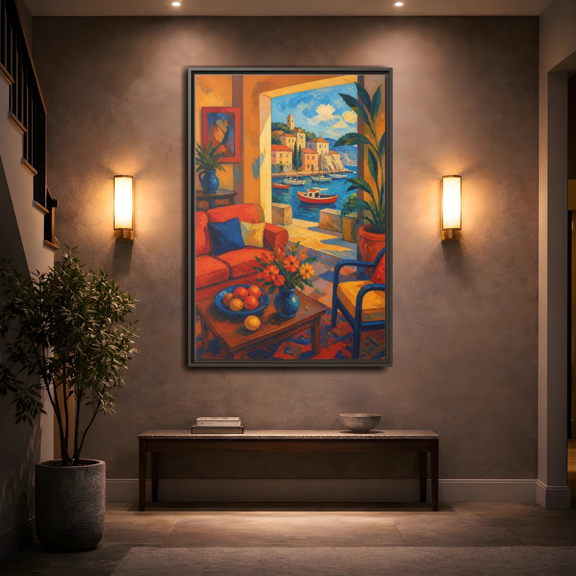 Mockup 2. Living Room Harbor View shown as framed canvas print
