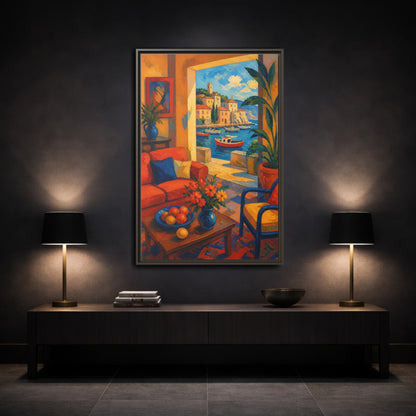 Mockup 3. Living Room Harbor View shown as framed canvas print