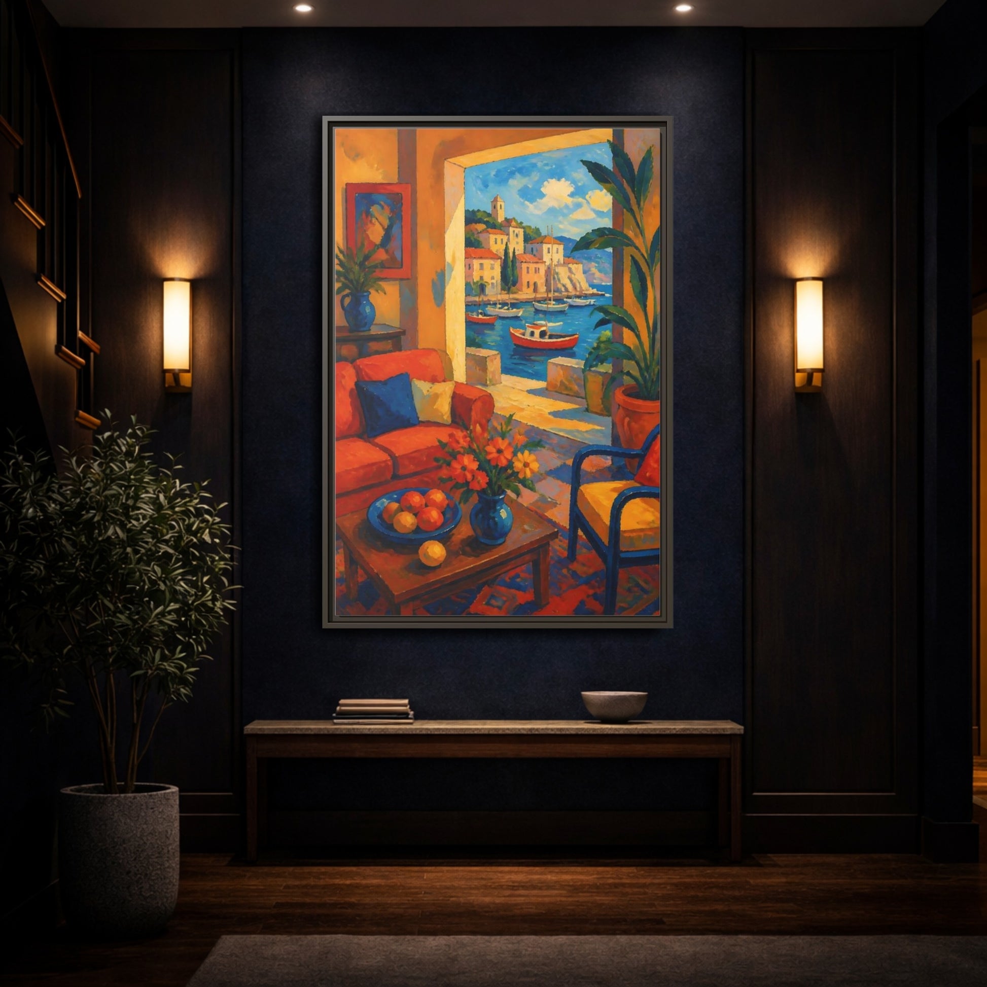 Mockup 4. Living Room Harbor View shown as framed canvas print