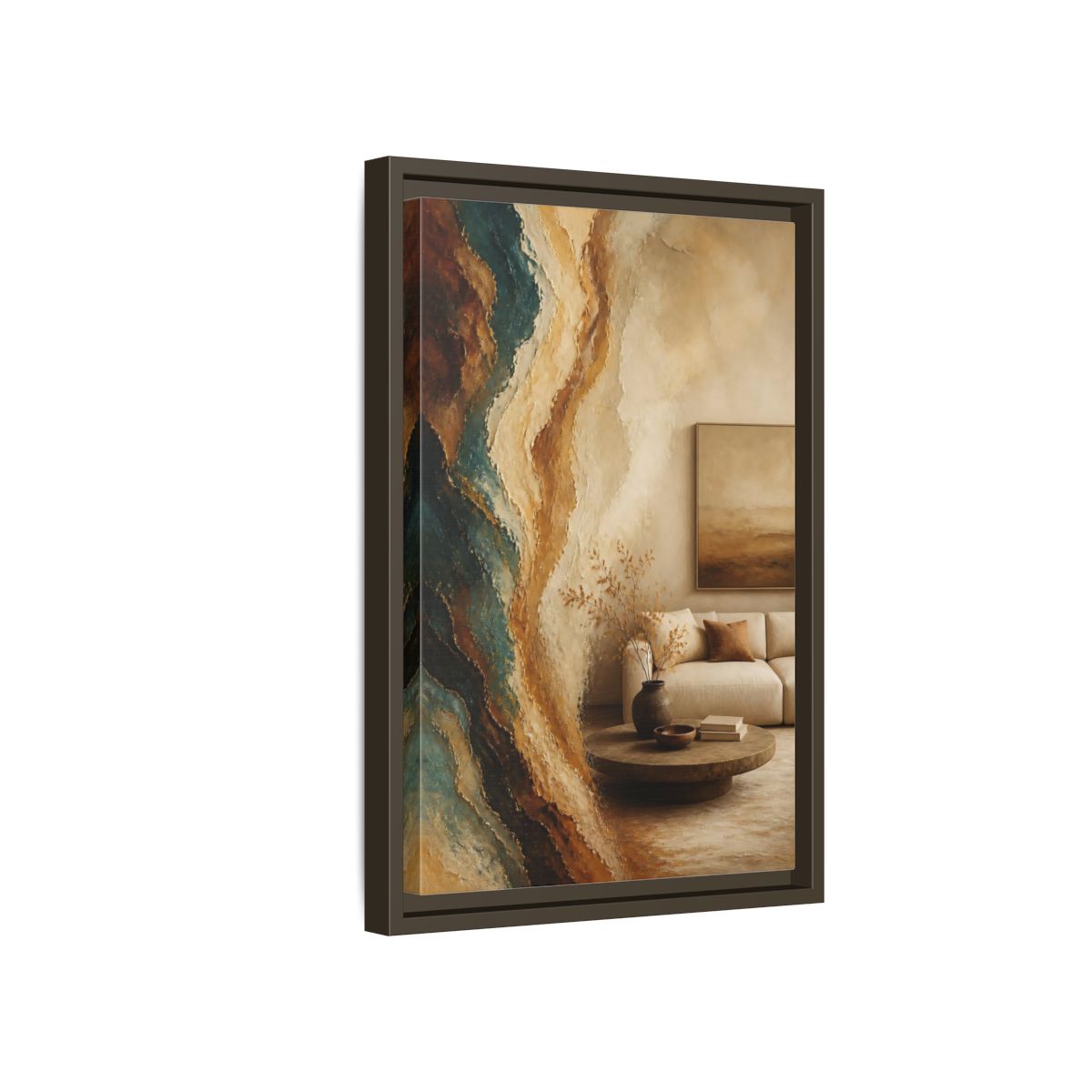Side Mockup 5. Living Room Mineral Waves shown as framed canvas print