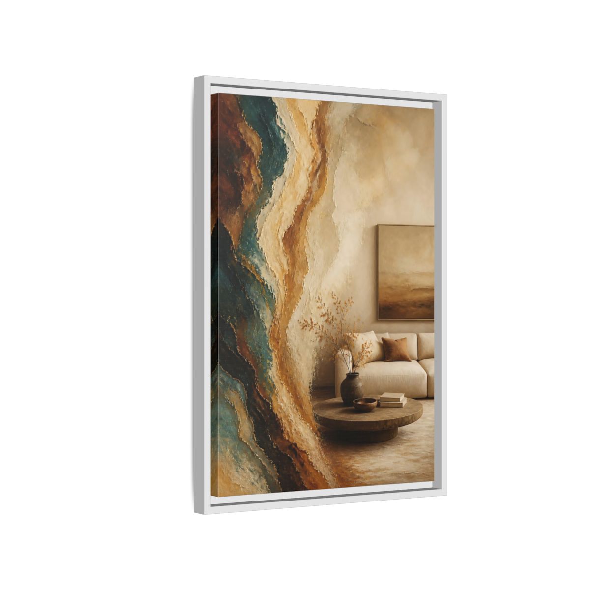 Side Mockup 1. Living Room Mineral Waves shown as framed canvas print