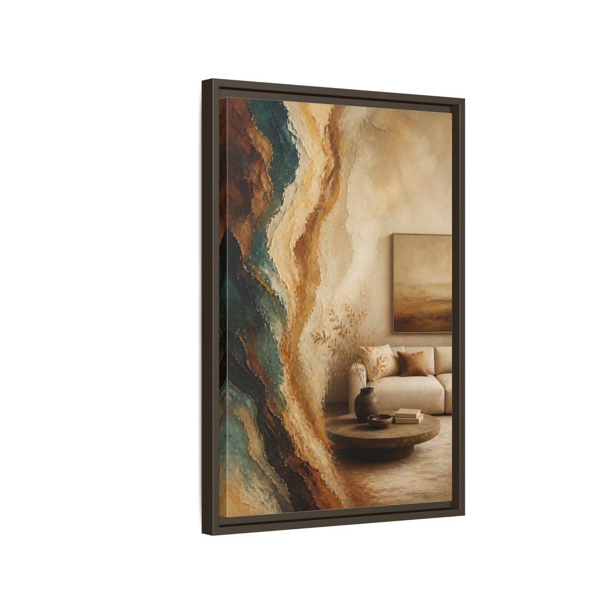 Side Mockup 2. Living Room Mineral Waves shown as framed canvas print