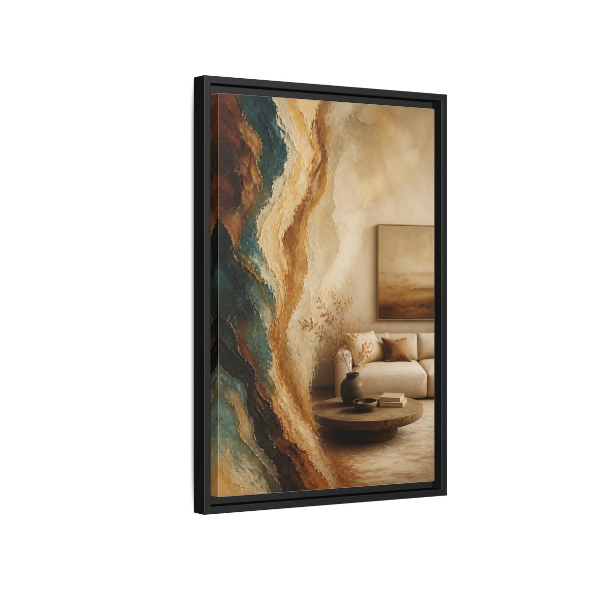Side Mockup 3. Living Room Mineral Waves shown as framed canvas print