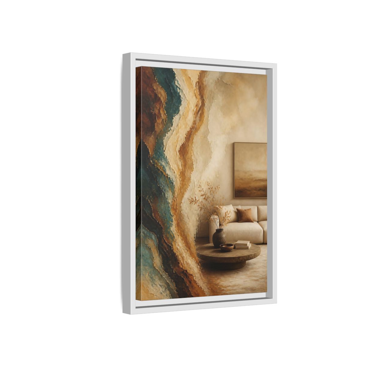 Side Mockup 4. Living Room Mineral Waves shown as framed canvas print