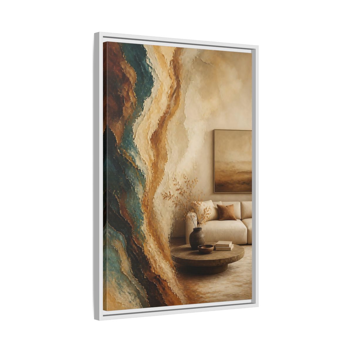 Side Mockup 10. Living Room Mineral Waves shown as framed canvas print