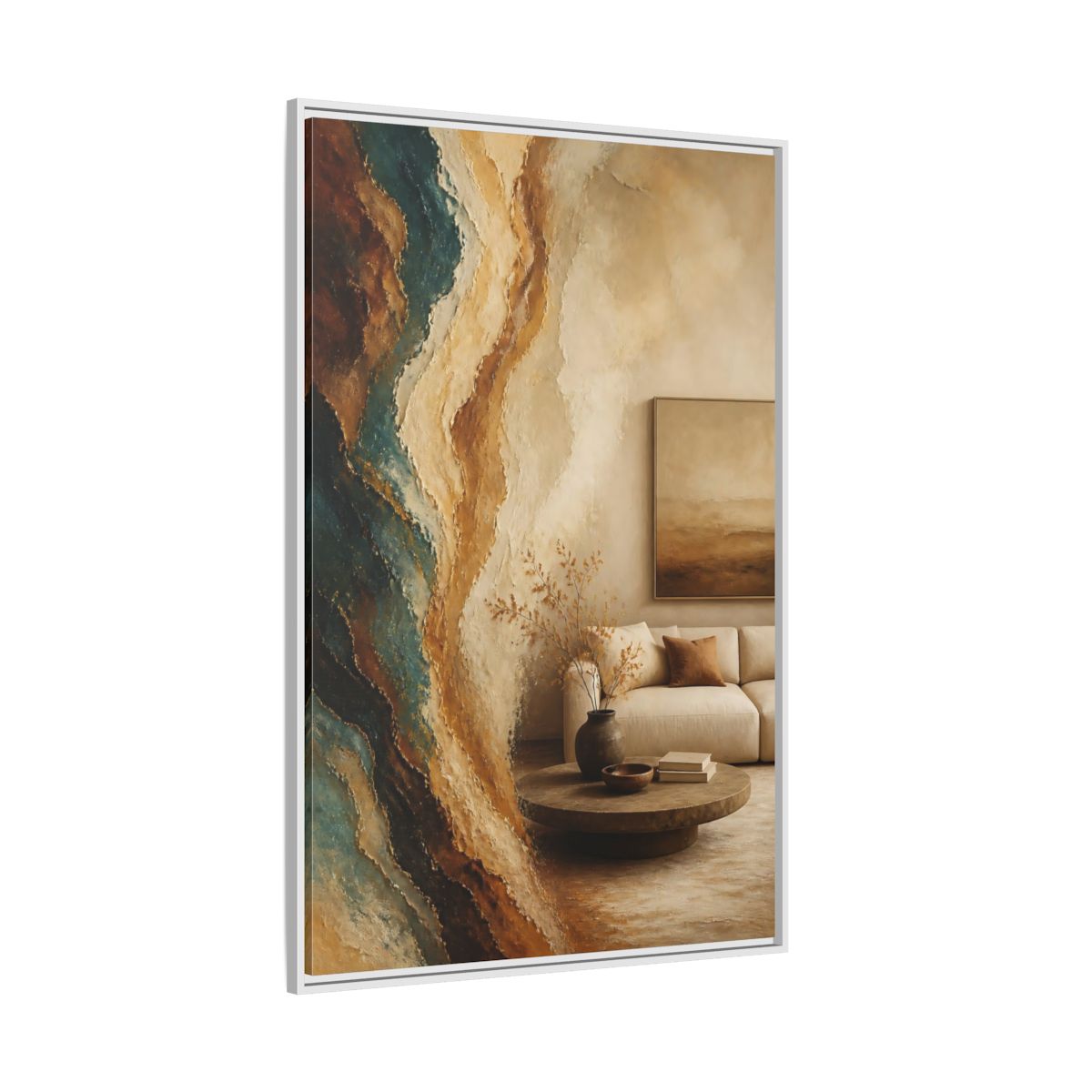Side Mockup 7. Living Room Mineral Waves shown as framed canvas print