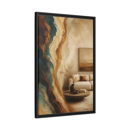 Side Mockup 14. Living Room Mineral Waves shown as framed canvas print