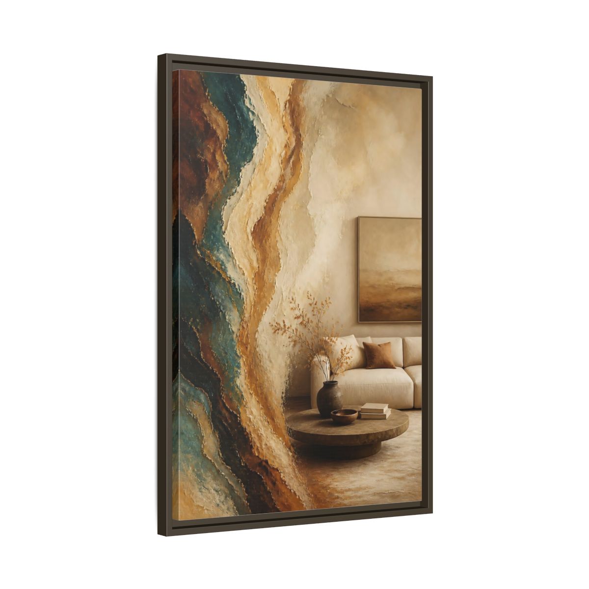 Side Mockup 11. Living Room Mineral Waves shown as framed canvas print