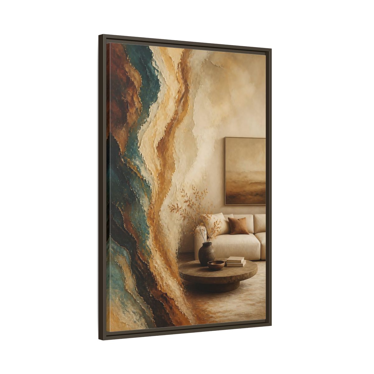 Main Mockup. Living Room Mineral Waves shown as framed canvas print