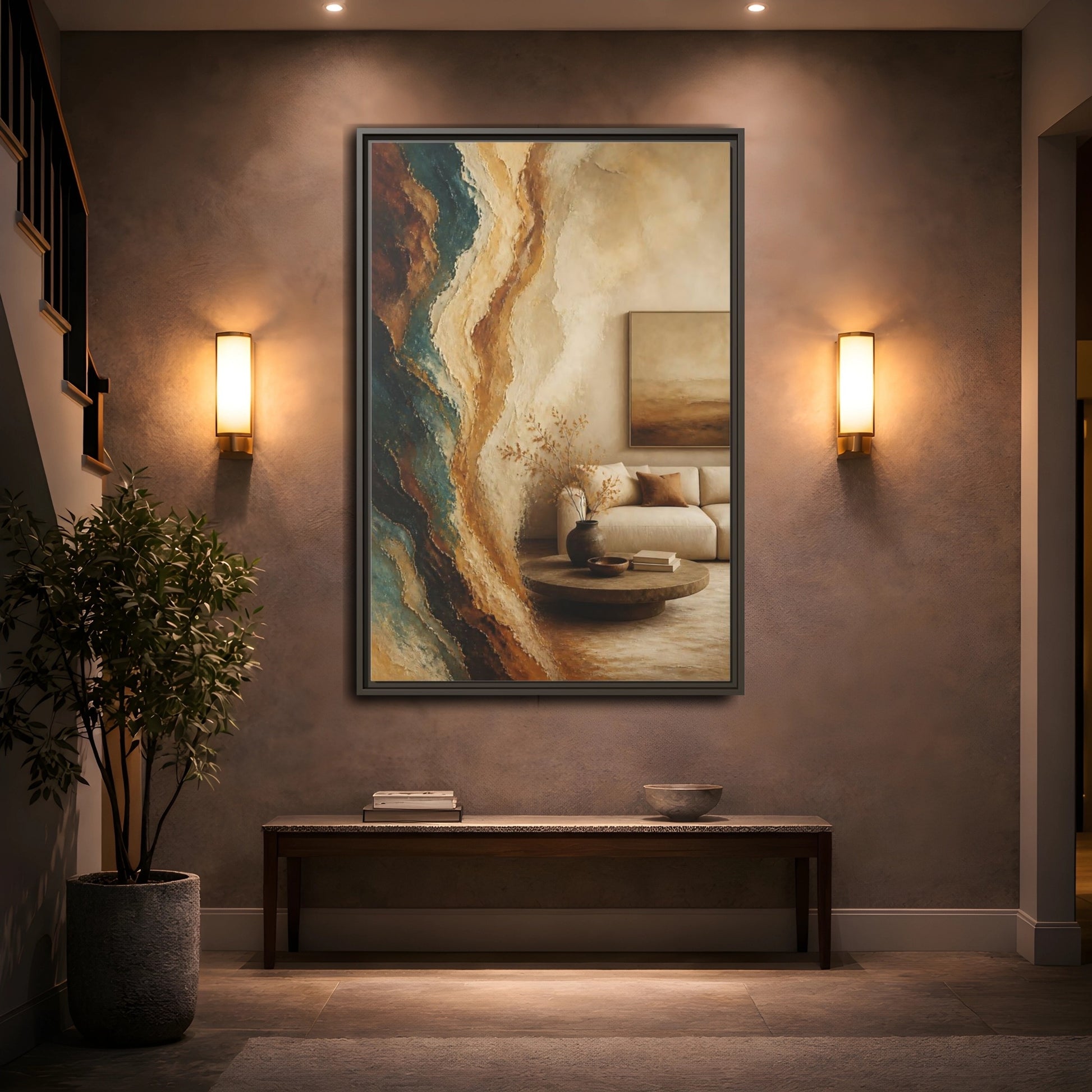 Mockup 2. Living Room Mineral Waves shown as framed canvas print