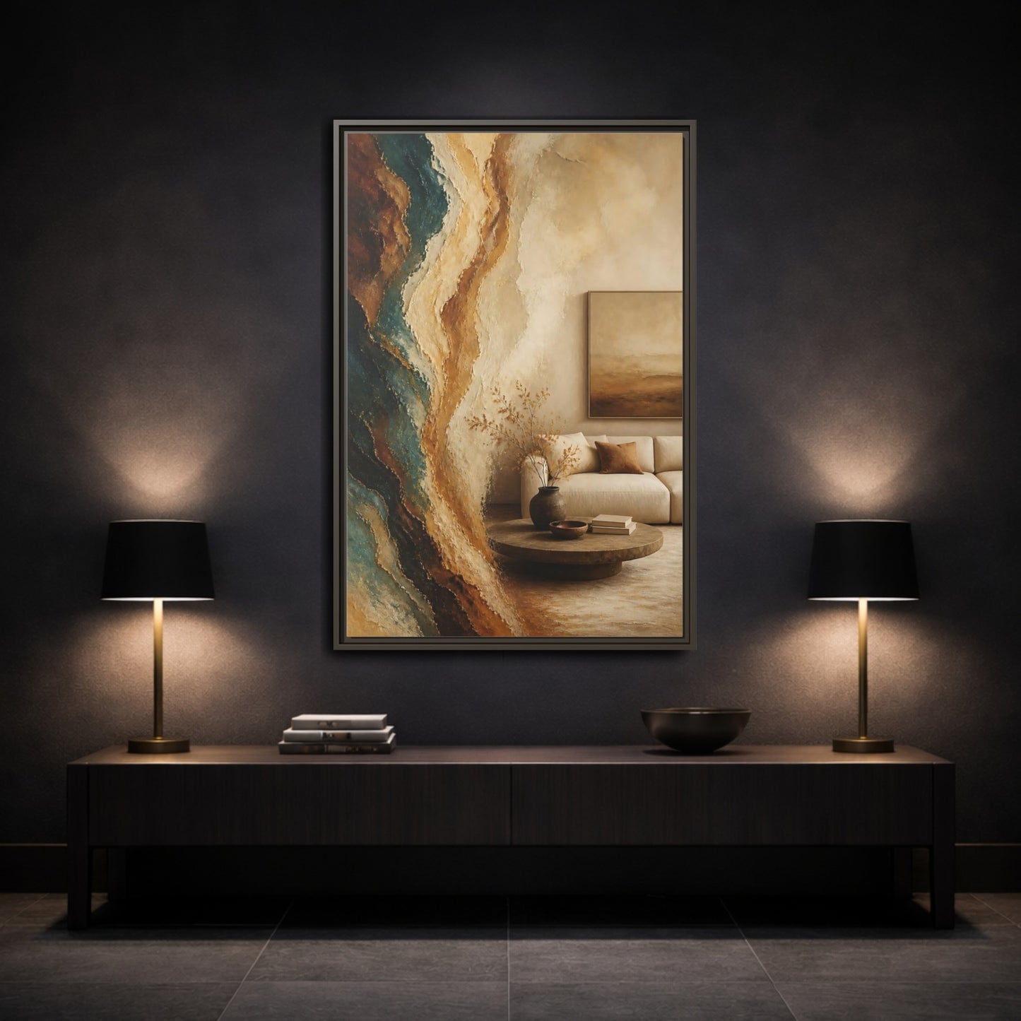 Mockup 3. Living Room Mineral Waves shown as framed canvas print