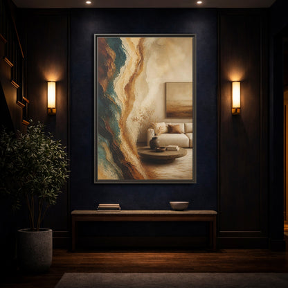 Mockup 4. Living Room Mineral Waves shown as framed canvas print