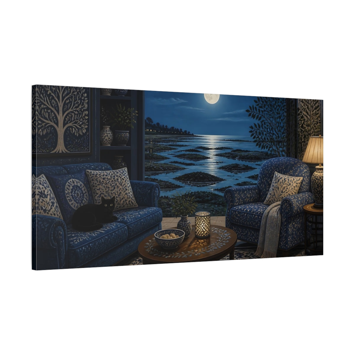Main Mockup. Living Room Moonlit Seascape shown as canvas print