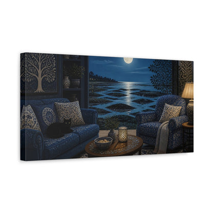 Side Mockup 3. Living Room Moonlit Seascape shown as canvas print